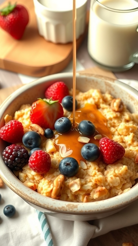 Vegan Air Fryer Baked Oats Recipe A bowl of vegan baked oats topped with berries and nuts, with a rustic kitchen background.